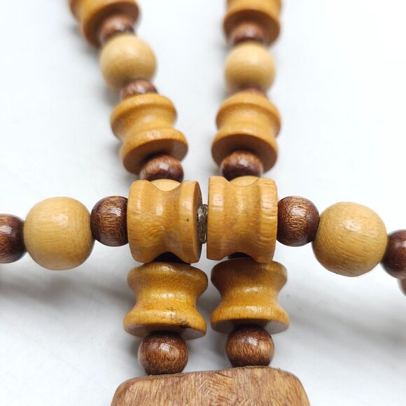 Handmade Wooden Beaded Necklace With Carved Tribal Pendant No Clasp - Picture 5 of 8